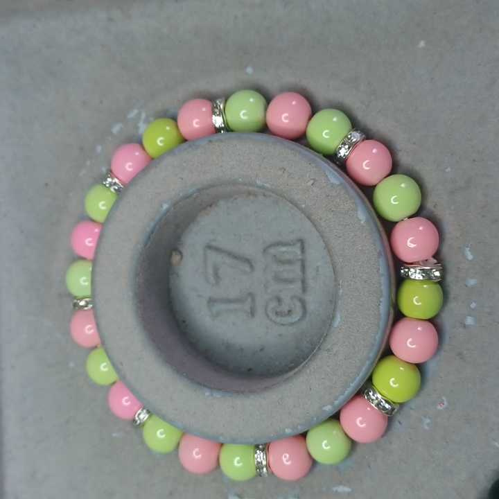 Pink And Green Bracelet With Silver Rhinestones Spacers